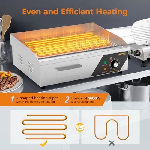 ROVSUN 22" Electric Griddle, Electric Countertop Half Flat Top Griddle, 1600W Grill Stainless Steel with Adjustable Temperature Control 122°F-572°F for Commercial Home Restaurant, Plug - Image 3