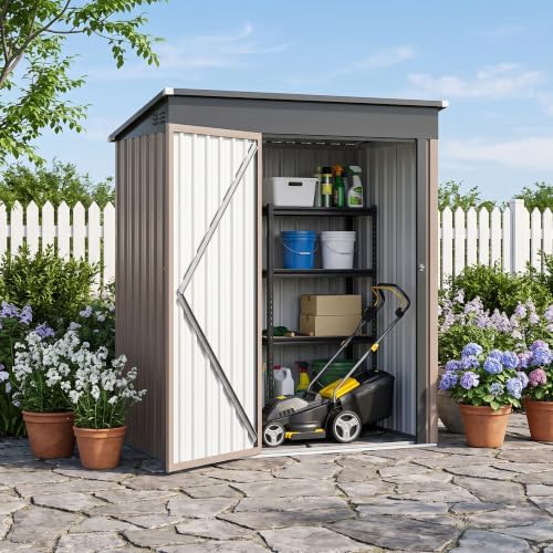 5 x 3 FT Outdoor Storage Shed, Waterproof Metal Garden Tool Shed with Sloped Roof, Lockable Door & Air Vents for Backyard Patio Lawn, Brown - Image 7
