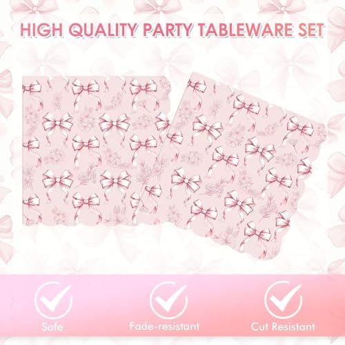 40Pcs Pink Bow Floral Paper Dessert Plates and Napkins Bow Coquette Disposable Tableware Set for Tea Party Galentine's Day Bridal Shower & Wedding Party Decorations, 20 Guests - Image 3