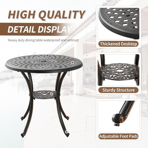 31" Round Patio Dining Table with Umbrella Hole, Cast Aluminum Bistro Table Outdoor Side Table for Backyard, Garden, Patio, Porch - Image 4