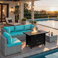 Shintenchi 6 Piece Outdoor Patio Furniture Set with 43 Inch Propane Fire Pit, Washable Cushions, Glass Coffee Table, Waterproof Cover & CSA Certified for Backyard Poolside, Silver PE Rattan/Blue by Shintenchi%7CFurnitureMadeforRealLife