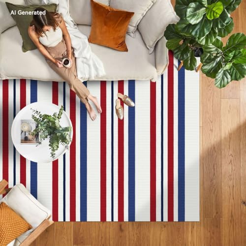 IOHOUZE Patriotic Striped Outdoor Rug 4x6, Washable, Red White Blue - Image 3