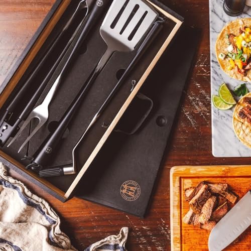 Schmidt Brothers - BBQ Carbon 6, 4-Piece Grilling Accessory Set, Full-Forged Stainless Steel Grilling Utensils Including Spatula, Fork, Basting Brush, and Tongs with All Wood Handles - Image 3