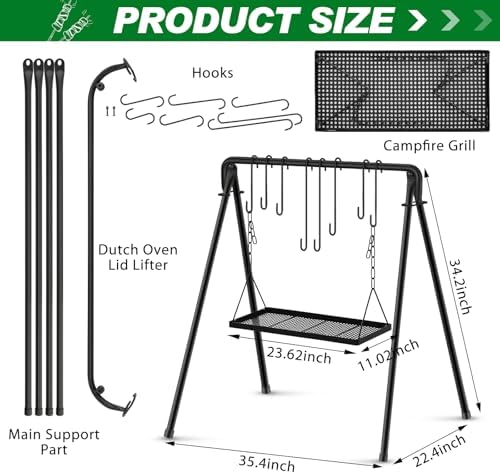 Rossesay Grill Swing Campfire Stand Campfire Cooking Equipment Adjustable Camping Accessories Cookware Hanging Rack with 8 Hooks and Portable Grill Stand for BBQ Picnic Outdoor Party - Image 2
