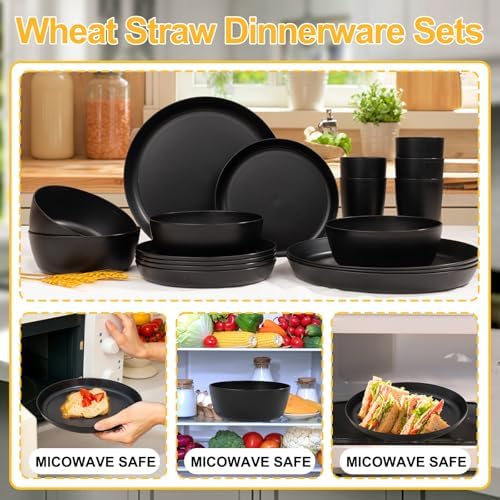 EjonirInjonir 24pcs Non-Toxic Black Wheat Straw Dinnerware Sets for 6 Home - Image 3