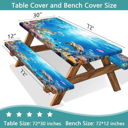 Ocean Animals Picnic Table Cover with Bench Covers, Camping Essentials, Underwater Sea Turtles Waterproof Windproof, Fitted Tablecloth Cover with Elastic Edge, for Garden & Outdoor, 3 PCS, 30x72 Inch - Image 3
