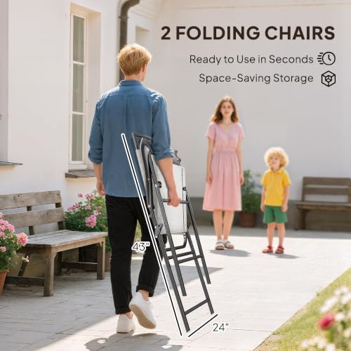 Outsunny 4 Piece Outdoor Patio Dining Furniture Set, 2 Folding Chairs, Adjustable Angle Umbrella, Wave Textured Tempered Glass Dinner Table, Beige - Image 4