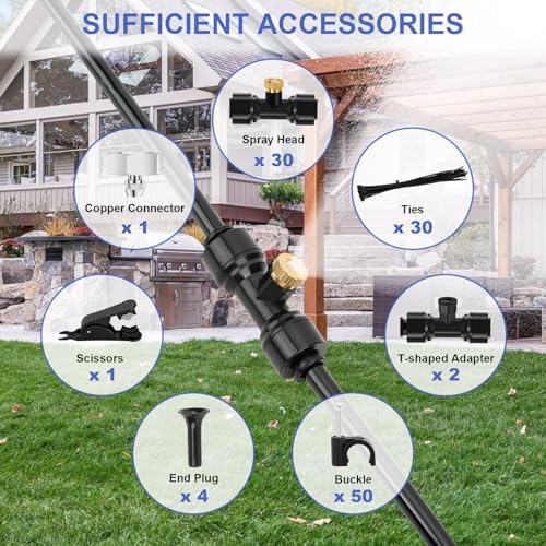 GMAULEE Misting Cooling System, DIY 98.5FT(30M) Misting Line +30 Brass Mist Nozzles+ a Brass Connector(3/4'') Outdoor Mister System for Patio Waterpark Garden Trampoline Greenhouse - Image 4