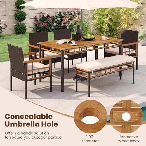 Tangkula 6 Pieces Patio Dining Table Set, Outdoor Rectangular Acacia Wood Table with 1.97” Umbrella Hole & Cushioned Backless Bench & 4 Armchairs, for Garden, Deck, Yard - Image 4