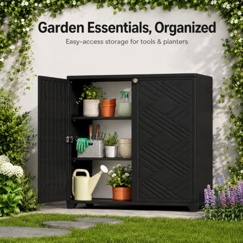 ADDOK Outdoor Storage Cabinet,60 Gallon Waterproof Resin Patio Storage Cabinet with 2 Adjustable Metal Shelf, Upright Outdoor Cabinet for Garden Tools, Pool Supplies, Toys, Porch and Garage - Image 3