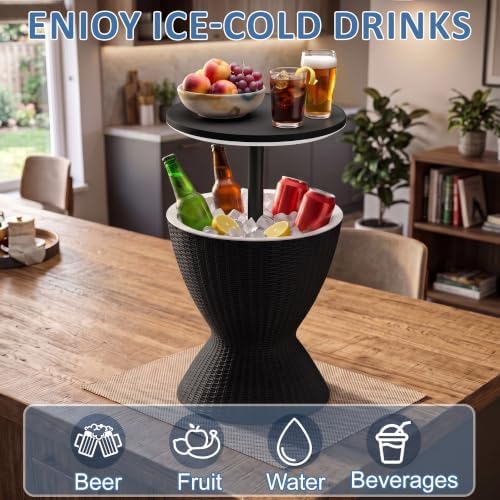 EasyUp Outdoor Cooler Bar Table – 8 Gallon Outdoor Patio Cooler Table with Drain Plug, Adjustable Height Rattan-Style Resin Cool Bar for Poolside, Deck, BBQ & Parties Classic Black - Image 5