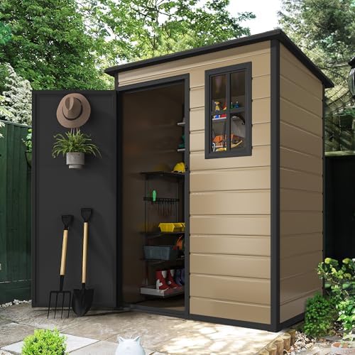 DWVO 5x3ft Resin Outdoor Storage Shed with Floor, Waterproof Lockable Storage Shed with Window, Plastic Outside Tool Storage for Garden Backyard Patio Lawn - Image 2