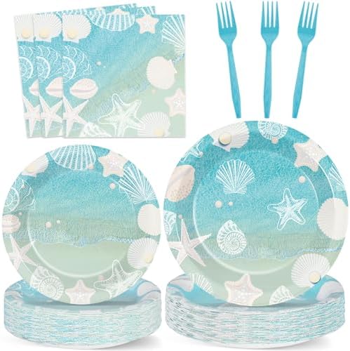 Naozinebi Seashell Beach Party Plates Napkins Summer Coastal Birthday Paper Tableware Set Ocean Starfish Nautical Dinnerware Supplies for Holiday baby Shower Wedding Bridal Decoration Favor Serve 24 by Naozinebi