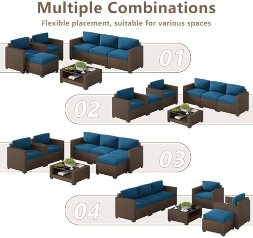 LOUVIXA 7 Piece Outdoor Patio Furniture Set, Rattan Chairs Glass Table Wicker Conversation Seating Sectional Sofa with Cushions (Brown-Peacock Blue, 7Pcs-2 Layer Coffee Table) - Image 3