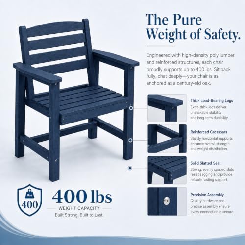 Patio Dining Chairs Set of 2, All-Weather HDPE Outdoor Dining Chair with High Back, Stackable Heavy Duty 400 lbs Lawn Armchair for Backyard Deck Porch Table, Navy Blue - Image 7