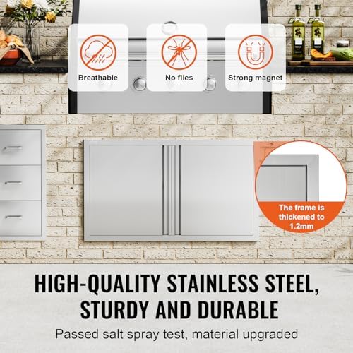 VEVOR BBQ Access Door, 36W x 21H Inch Double Outdoor Kitchen, Stainless Steel Flush Mount, Wall Vertical With Recessed Handles, for BBQ Island, Grilling Station, Outside Cabinet - Image 3