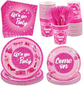 Kochorie 144 Pieces Let's Go Party Tableware Sets Including Disposable Plates Napkins Cups Forks Serves 24 for Birthday Disco Pink Girl Party Supplies by Kochorie