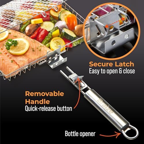 Stainless Steel Large Grill Basket with Removable Handle – 12.25 x 9.5 x 1.5 Inch BBQ Vegetable Basket with Easy Open Lid, Silicone Basting Brush & Scrub Sponge – Outdoor Cooking & Camping Accessory - Image 2
