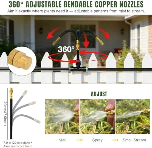 100FT Drip Irrigation System Kit Dual-Zone Garden Atomizing Watering System with 30 Copper 360° Adjustable Bendable Nozzles,Y-Splitter, Leak-Proof 1/4" Misting System for Garden Greenhouse Raised Beds - Image 2