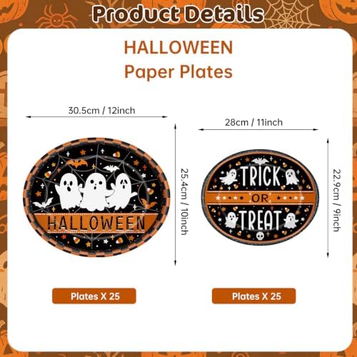 50 Pcs Halloween Paper Plates Set - Large Disposable Ghost Oval Dinner Dessert Plates, Cute Halloween Printed Paper Plates Tableware for Happy Halloween Party Decorations Supplies Table Decor - Image 3