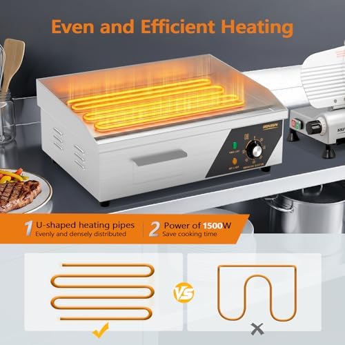 ROVSUN 18" Electric Countertop Flat Top Griddle, 1500W Electric Griddle, Teppanyaki Grill Stainless Steel with Adjustable Temperature Control 122°F-572°F for Commercial Home Restaurant, Plug - Image 3