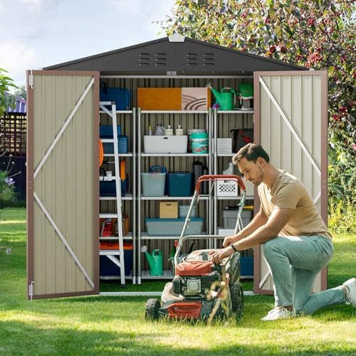 Gizoon 6 x 4 FT Outdoor Storage Shed, Metal Garden Shed, Light Brown - Image 3