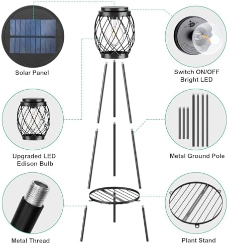 MXwcy Solar Floor Lamp with Plant Stands，Solar Lights Outdoor with Vintage LED Edison Bulbs, Weatherproof Garden Lights for Pathway, Patio, Yard, 8-10 Hours Lighting, IP55 Waterproof - Image 4