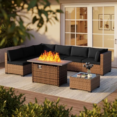 Qsun 8 Pieces Outdoor Patio Furniture Set with 44.9" Fire Pit Table, All-Weather Wicker Outdoor Patio Sectional Set with Coffee Table, for Backyard Poolside Garden Porch, Black by Qsun