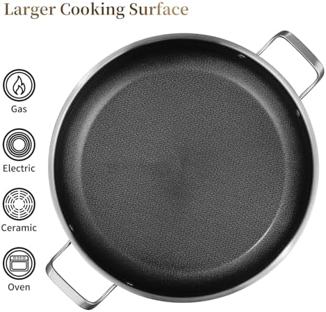 DELARLO Nonstick Paella Pan With Lid 14 Inch, Tri-Ply Stainless Steel Large Skillet, Everyday Pan, Fast & Even Heating Induction Cooking Pan, Dishwasher and Oven Safe, Heavy Duty Style - Image 3