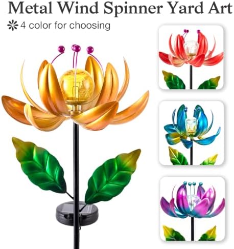 Garden Decor for Outside Solar Wind Spinners for Yard-Metal Lotus Flower Windmills LED Crackle Glass Globe Outdoor Garden Decor Yard Art Lawn Ornament - Image 2