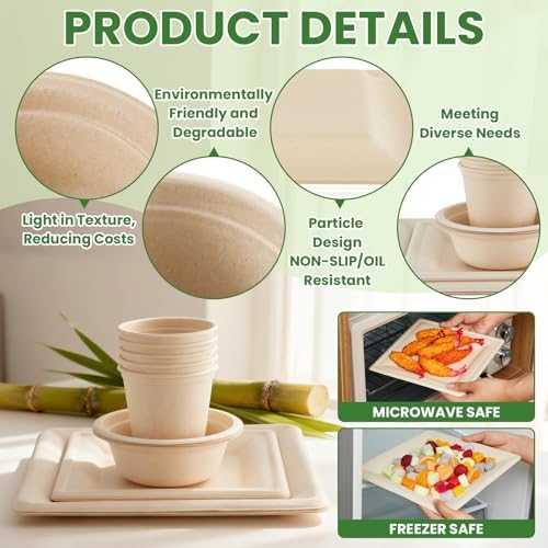 Havawish 100 Pcs Compostable Paper Plates and Bowls Set for 25 Guests, 10in & 8in Heavy Duty Sugarcane Disposable Plates 12 oz Biodegradable Cups and Paper Bowls, Party Camping Picnic(Beige) - Image 4
