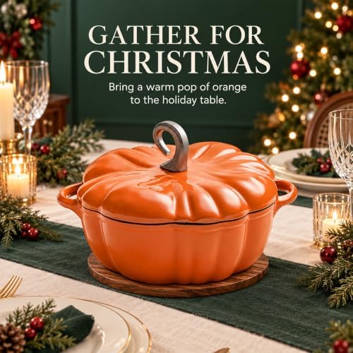 Pumpkin Cocotte, Dutch Oven Pot With Lid,Cast Iron Cooking Pot,Non Stick Pumpkin Pot,Stew Soup,Serves 3-5,Halloween Thanksgiving Decor Gift (Orange) - Image 3