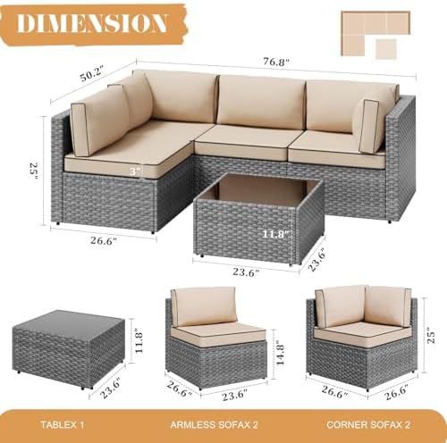 JAMFLY 5-Piece All-Season Wicker Patio Sofa Set with Thick Cushions & Coffee Table, Modular Indoor Outdoor Furniture for Poolside, Garden, Sunroom & Porch, Khaki - Image 2