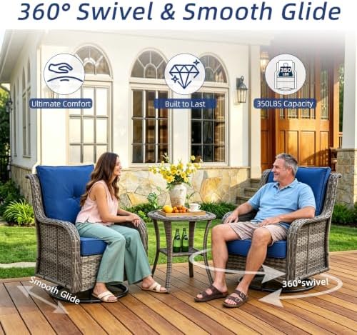 Wumiokio Patio Furniture Sets, Wicker Outdoor Furniture - 360 Degree Swivel Rocking Chairs and Rattan Side Table for Garden,Porch,Backyard (Grey Wicker/Blue Cushion, 5PCS - Swivel Chairs & Ottoman) - Image 2