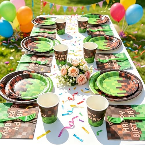 120Pcs Pixel Birthday Plates and Napkins,Pixel Theme Party Decorations,Includes 9&7inch Paper Plates Cups Napkins Forks Party Supplies for Video Game Pixel Party Decorations, Serve 24 - Image 5