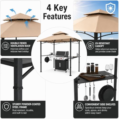 Garvee 8x5 Grill Gazebo, Outdoor BBQ Canopy Shelter with Double Tiered Roof Ventilation - Heavy Duty Patio Canopy Tent Steel Frame for Backyard Garden Lawn Grilling Party Picnic Cooking Events, Brown - Image 4