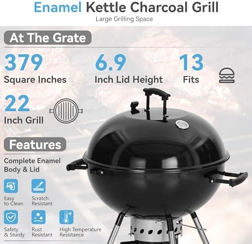22 inch Kettle Charcoal BBQ Grill with Wheels for Outdoor Cooking - Image 2