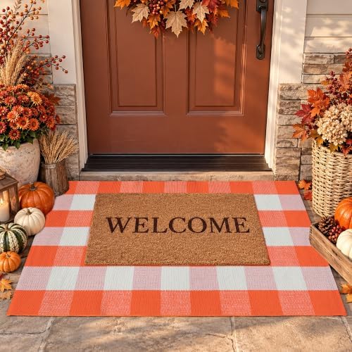 Orange and White Plaid Rug, 28'' x 43'' Fall Front Door Decor Mat, Cotton Washable Hand-Woven Door mat for Layered Doormat, Autumn Halloween Thanksgiving Carpet for Porch, Entryway - Image 2