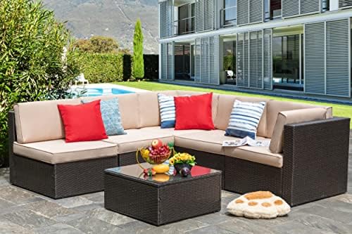 Vongrasig 7 Piece Patio Furniture Set with Propane Fire Pit, Outdoor Conversation Sets Wicker Rattan Sectional Sofa with Coffee Table, 43” Propane Gas Firepit Table with Lid, Beige - Image 2