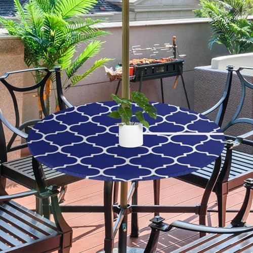 Fitted Round Tablecloth with Umbrella Hole and Zipper Navy Blue Outdoor Elastic Table Cloth 36"-44" Oil-Proof Waterproof Patio Table Cover for Dining Picnic Camping - Image 2