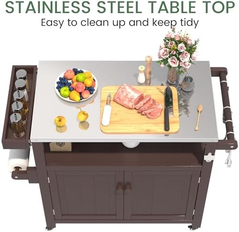 Weatherproof HIPS Outdoor Kitchen Island with Stainless Steel Top & Storage Cabinet, Movable Prep Table with Wheels for BBQ Food Prep, Outdoor Grill Cart for Parties, Brown - Image 4