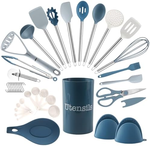 COOK WITH COLOR Silicone Cooking Utensils, Kitchen Utensil Set, Easy to Clean Silicone Kitchen Utensils, Cooking Utensils for Nonstick Cookware, Kitchen Gadgets Set, 38 Piece, Blue and White by CookwithColor