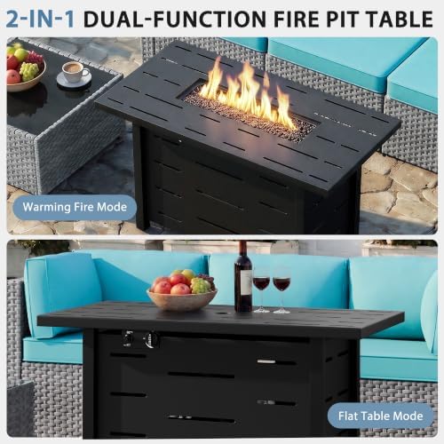 Shintenchi 6 Piece Outdoor Patio Furniture Set with 43 Inch Propane Fire Pit, Washable Cushions, Glass Coffee Table, Waterproof Cover & CSA Certified for Backyard Poolside, Silver PE Rattan/Blue - Image 6