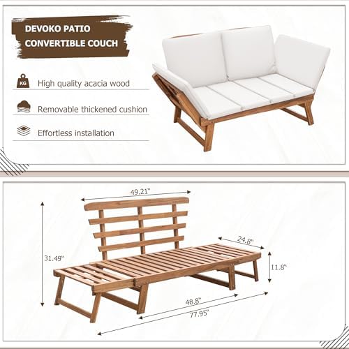 Devoko Outdoor Couch Acacia Wood Outdoor Sofa Balcony Furniture (White) - Image 2