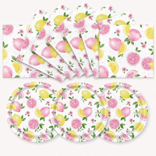 40PCS Lemonade Party Decorations Tableware Set For Girls Pink Lemon Paper Plates and Napkins, Pink Lemon Fruit Themed Birthday Baby Shower Bridal Shower Party, Serves 20 by Actoridae