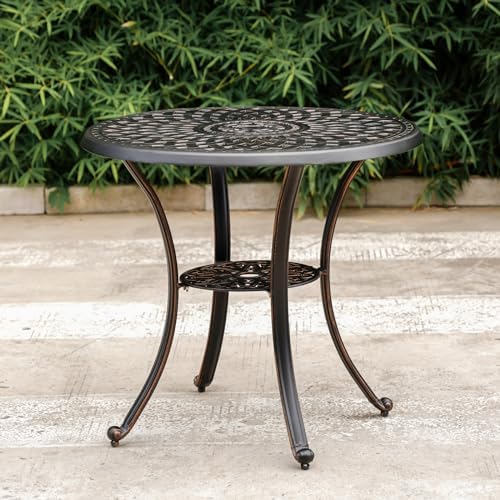 31" Round Patio Dining Table with Umbrella Hole, Cast Aluminum Bistro Table Outdoor Side Table for Backyard, Garden, Patio, Porch - Image 7