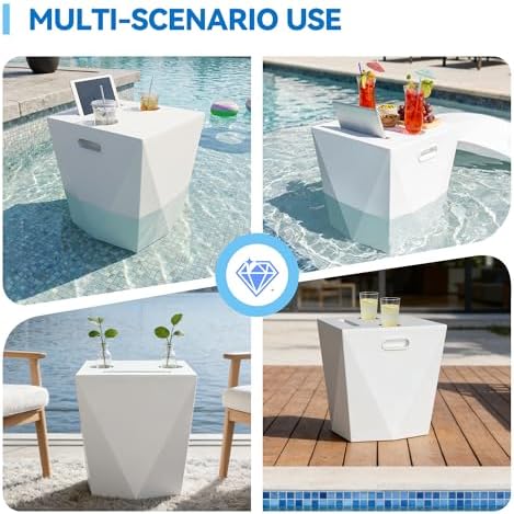 Modern Assemble-Free Outdoor Side Table, Pool Side Table for Inside Pool or on Patio, Lounger Table with 2 Cup Holders * 1 Tablet Holder, White - Image 5