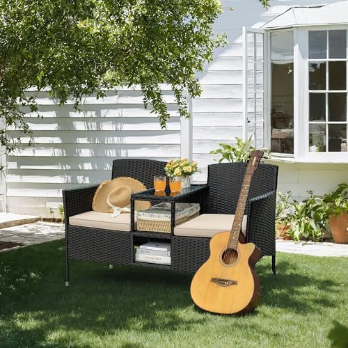 Greesum Patio Loveseat Outdoor Wicker Furniture Conversation Set,Beige - Image 2