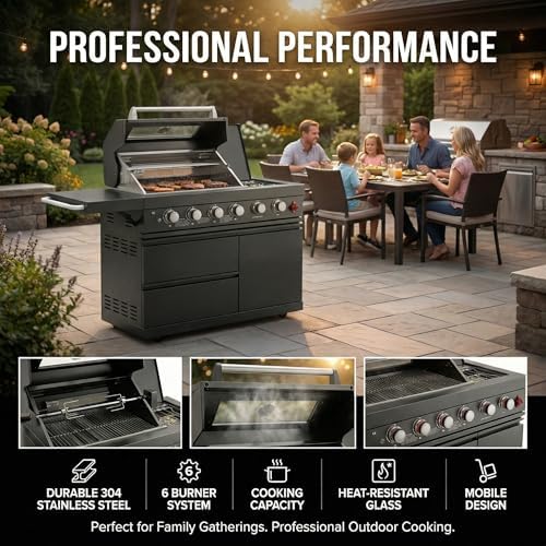 46" SS304 Gas Outdoor Kitchen Island, 6-Burner 75300 BTU Grill, Black - Image 3