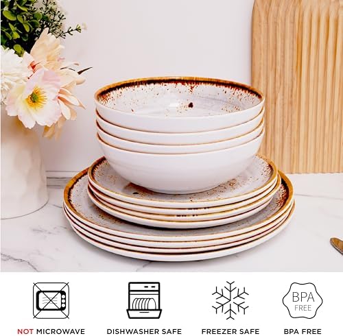 TP 12-Piece Melamine Dinnerware Sets, Plates and Bowls Dishes Set for 4, Break-Resistant & Non-Microwavable, Lightweight Dinner Plates, Grey Swirl - Image 3